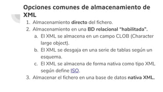 Opciones comunes de almacenamiento de
XML
1. Almacenamiento directo del fichero.
2. Almacenamiento en una BD relacional “habilitada”.
a. El XML se almacena en un campo CLOB (Character
large object).
b. El XML se desgaja en una serie de tablas según un
esquema.
c. El XML se almacena de forma nativa como tipo XML
según define ISO​.
3. Almacenar el fichero en una base de datos nativa XML.
 