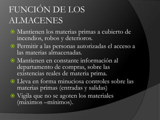 FUNCIÓN DE LOS
ALMACENES
 Mantienen los materias primas a cubierto de
incendios, robos y deterioros.
 Permitir a las personas autorizadas el acceso a
las materias almacenadas.
 Mantienen en constante información al
departamento de compras, sobre las
existencias reales de materia prima.
 Lleva en forma minuciosa controles sobre las
materias primas (entradas y salidas)
 Vigila que no se agoten los materiales
(máximos –mínimos).
 