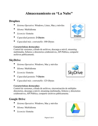 Página 1 de 4
Almacenamiento en “La Nube”
Dropbox
• Sistema Operativo: Windows, Linux, Mac y móviles
• Idioma: Multiidioma
• Licencia: Gratuita
• Capacidad gratuita: 2 Gbytes
• Capacidad máx. contratable: 100 Gbytes
Características destacadas:
Control de versiones, cifrado de archivos, descarga a móvil, streaming
multimedia, ficheros y directorios colaborativos, API Pública, compartir
archivos públicamente.
SkyDrive
• Sistema Operativo: Windows, Mac y móviles
• Idioma: Multiidioma
• Licencia: Gratuita
• Capacidad gratuita: 7 Gbytes
• Capacidad máx. contratable: 125 Gbytes
Características destacadas:
Control de versiones, cifrado de archivos, sincronización de múltiples
directorios, descarga a móvil, streaming multimedia, ficheros y directorios
colaborativos, API Pública, compartir archivos públicamente.
Google Drive
• Sistema Operativo: Windows, Mac y móviles
• Idioma: Multiidioma
• Licencia: Gratuita
 