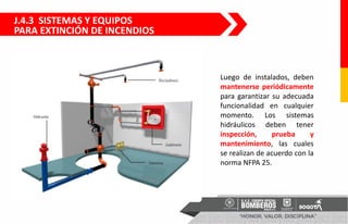 J.4.3 SISTEMAS Y EQUIPOS
PARA EXTINCIÓN DE INCENDIOS
Luego de instalados, deben
mantenerse periódicamente
para garantizar su adecuada
funcionalidad en cualquier
momento. Los sistemas
hidráulicos deben tener
inspección, prueba y
mantenimiento, las cuales
se realizan de acuerdo con la
norma NFPA 25.
 