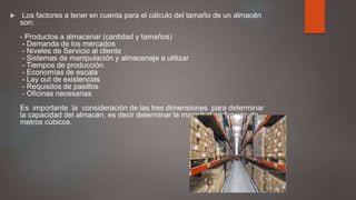  Los factores a tener en cuenta para el cálculo del tamaño de un almacén
son:
- Productos a almacenar (cantidad y tamaños)
- Demanda de los mercados
- Niveles de Servicio al cliente
- Sistemas de manipulación y almacenaje a utilizar
- Tiempos de producción
- Economías de escala
- Lay out de existencias
- Requisitos de pasillos
- Oficinas necesarias
Es importante la consideración de las tres dimensiones para determinar
la capacidad del almacén, es decir determinar la magnitud en función de
metros cúbicos.
 