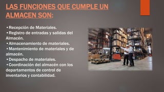 LAS FUNCIONES QUE CUMPLE UN
ALMACEN SON:
•Recepción de Materiales.
•Registro de entradas y salidas del
Almacén.
•Almacenamiento de materiales.
•Mantenimiento de materiales y de
almacén.
•Despacho de materiales.
•Coordinación del almacén con los
departamentos de control de
inventarios y contabilidad.
 