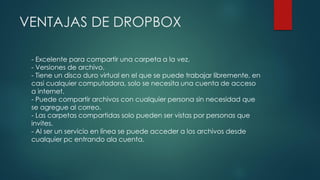 VENTAJAS DE DROPBOX
- Excelente para compartir una carpeta a la vez.
- Versiones de archivo.
- Tiene un disco duro virtual en el que se puede trabajar libremente, en
casi cualquier computadora, solo se necesita una cuenta de acceso
a internet.
- Puede compartir archivos con cualquier persona sin necesidad que
se agregue al correo.
- Las carpetas compartidas solo pueden ser vistas por personas que
invites.
- Al ser un servicio en línea se puede acceder a los archivos desde
cualquier pc entrando ala cuenta.
 