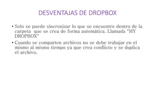 DESVENTAJAS DE DROPBOX
• Solo se puede sincronizar lo que se encuentre dentro de la
carpeta que se crea de forma automática. Llamada "MY
DROPBOX"
• Cuando se comparten archivos no se debe trabajar en el
mismo al mismo tiempo ya que crea conflicto y se duplica
el archivo.
 