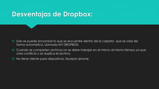 Desventajas de Dropbox:
 Solo se puede sincronizar lo que se encuentre dentro de la carpeta que se crea de
forma automática. Llamada MY DROPBOX.
 Cuando se comparten archivos no se debe trabajar en el mismo al mismo tiempo ya que
crea conflicto y se duplica el archivo.
 No tiene cliente para dispositivos. Excepto Iphone.
 