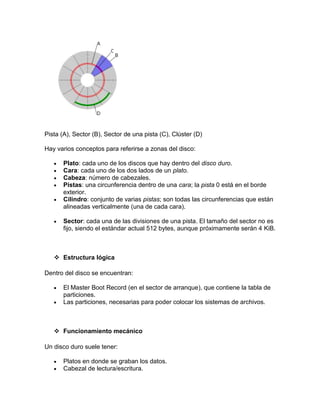 Pista (A), Sector (B), Sector de una pista (C), Clúster (D)

Hay varios conceptos para referirse a zonas del disco:

       Plato: cada uno de los discos que hay dentro del disco duro.
       Cara: cada uno de los dos lados de un plato.
       Cabeza: número de cabezales.
       Pistas: una circunferencia dentro de una cara; la pista 0 está en el borde
       exterior.
       Cilindro: conjunto de varias pistas; son todas las circunferencias que están
       alineadas verticalmente (una de cada cara).

       Sector: cada una de las divisiones de una pista. El tamaño del sector no es
       fijo, siendo el estándar actual 512 bytes, aunque próximamente serán 4 KiB.



    Estructura lógica

Dentro del disco se encuentran:

       El Master Boot Record (en el sector de arranque), que contiene la tabla de
       particiones.
       Las particiones, necesarias para poder colocar los sistemas de archivos.



    Funcionamiento mecánico

Un disco duro suele tener:

       Platos en donde se graban los datos.
       Cabezal de lectura/escritura.
 
