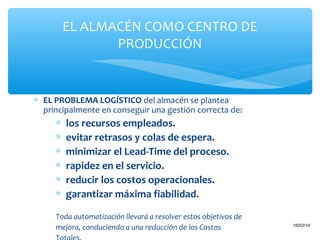EL ALMACÉN COMO CENTRO DE
PRODUCCIÓN

∗ EL PROBLEMA LOGÍSTICO del almacén se plantea
principalmente en conseguir una gestión correcta de:

∗
∗
∗
∗
∗
∗

los recursos empleados.
evitar retrasos y colas de espera.
minimizar el Lead-Time del proceso.
rapidez en el servicio.
reducir los costos operacionales.
garantizar máxima fiabilidad.

Toda automatización llevará a resolver estos objetivos de
14
mejora, conduciendo a una reducción de los Costos

16/02/14

 