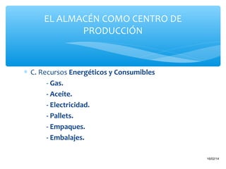 EL ALMACÉN COMO CENTRO DE
PRODUCCIÓN

∗ C. Recursos Energéticos y Consumibles
- Gas.
- Aceite.
- Electricidad.
- Pallets.
- Empaques.
- Embalajes.
5

16/02/14

 