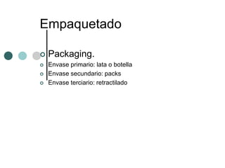 Empaquetado

   Packaging.
   Envase primario: lata o botella
   Envase secundario: packs
   Envase terciario: retractilado
 