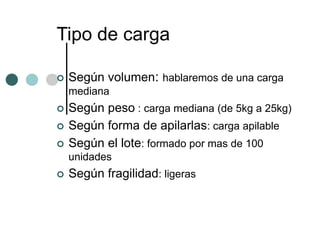 Tipo de carga

   Según volumen: hablaremos de una carga
    mediana
   Según peso : carga mediana (de 5kg a 25kg)
   Según forma de apilarlas: carga apilable
   Según el lote: formado por mas de 100
    unidades
   Según fragilidad: ligeras
 