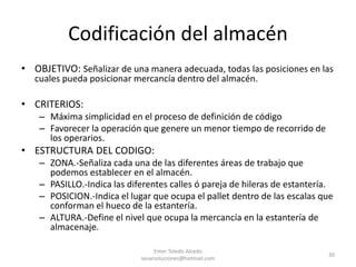 Codificación del almacén
• OBJETIVO: Señalizar de una manera adecuada, todas las posiciones en las
cuales pueda posicionar mercancía dentro del almacén.
• CRITERIOS:
– Máxima simplicidad en el proceso de definición de código
– Favorecer la operación que genere un menor tiempo de recorrido de
los operarios.
• ESTRUCTURA DEL CODIGO:
– ZONA.-Señaliza cada una de las diferentes áreas de trabajo que
podemos establecer en el almacén.
– PASILLO.-Indica las diferentes calles ó pareja de hileras de estantería.
– POSICION.-Indica el lugar que ocupa el pallet dentro de las escalas que
conforman el hueco de la estantería.
– ALTURA.-Define el nivel que ocupa la mercancía en la estantería de
almacenaje.
Emer Toledo Alcedo
sesarsoluciones@hotmail.com
30
 