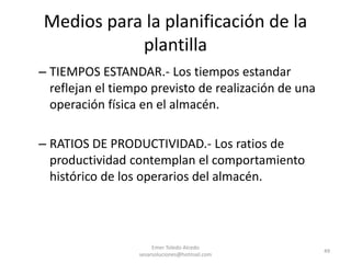 Medios para la planificación de la
plantilla
– TIEMPOS ESTANDAR.- Los tiempos estandar
reflejan el tiempo previsto de realización de una
operación física en el almacén.
– RATIOS DE PRODUCTIVIDAD.- Los ratios de
productividad contemplan el comportamiento
histórico de los operarios del almacén.
Emer Toledo Alcedo
sesarsoluciones@hotmail.com
49
 