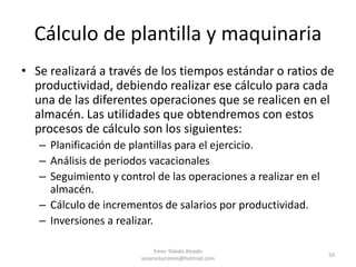 Cálculo de plantilla y maquinaria
• Se realizará a través de los tiempos estándar o ratios de
productividad, debiendo realizar ese cálculo para cada
una de las diferentes operaciones que se realicen en el
almacén. Las utilidades que obtendremos con estos
procesos de cálculo son los siguientes:
– Planificación de plantillas para el ejercicio.
– Análisis de periodos vacacionales
– Seguimiento y control de las operaciones a realizar en el
almacén.
– Cálculo de incrementos de salarios por productividad.
– Inversiones a realizar.
Emer Toledo Alcedo
sesarsoluciones@hotmail.com
50
 