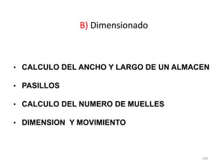 138
• CALCULO DEL ANCHO Y LARGO DE UN ALMACEN
• PASILLOS
• CALCULO DEL NUMERO DE MUELLES
• DIMENSION Y MOVIMIENTO
B) Dimensionado
 