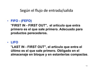14
Según el flujo de entrada/salida
• FIFO - (FEFO)
"FIRST IN - FIRST OUT", el artículo que entra
primero es el que sale primero. Adecuado para
productos perecederos.
• LIFO
"LAST IN - FIRST OUT", el artículo que entra el
último es el que sale primero. Obligado en el
almacenaje en bloque y en estanterías compactas.
 
