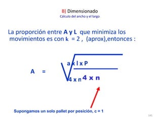 145
La proporción entre A y L que minimiza los
movimientos es con k = 2 , (aprox),entonces :
B) Dimensionado
Cálculo del ancho y el largo
a x l x P
A =
2 x n x c x k
Supongamos un solo pallet por posición, c = 1
a x l x P
A =
4 x n4 x n
 