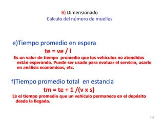154
B) Dimensionado
Cálculo del número de muelles
e)Tiempo promedio en espera
te = ve / l
Es un valor de tiempo promedio que los vehículos no atendidos
están esperando. Puede ser usado para evaluar el servicio, usarlo
en análisis económicos, etc.
f)Tiempo promedio total en estancia
tm = te + 1 /(v x s)
Es el tiempo promedio que un vehículo permanece en el depósito
desde la llegada.
 