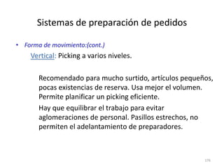 176
Sistemas de preparación de pedidos
• Forma de movimiento:(cont.)
Vertical: Picking a varios niveles.
Recomendado para mucho surtido, artículos pequeños,
pocas existencias de reserva. Usa mejor el volumen.
Permite planificar un picking eficiente.
Hay que equilibrar el trabajo para evitar
aglomeraciones de personal. Pasillos estrechos, no
permiten el adelantamiento de preparadores.
 
