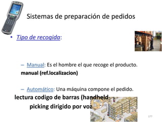 177
Sistemas de preparación de pedidos
• Tipo de recogida:
– Manual: Es el hombre el que recoge el producto.
manual (ref.localizacion)
– Automático: Una máquina compone el pedido.
lectura codigo de barras (handheld
picking dirigido por voz
 