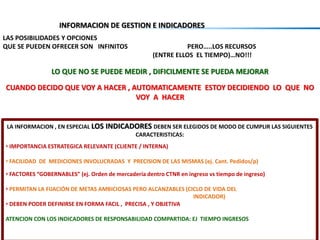 INFORMACION DE GESTION E INDICADORES
LAS POSIBILIDADES Y OPCIONES
QUE SE PUEDEN OFRECER SON INFINITOS PERO…..LOS RECURSOS
(ENTRE ELLOS EL TIEMPO)…NO!!!
LO QUE NO SE PUEDE MEDIR , DIFICILMENTE SE PUEDA MEJORAR
CUANDO DECIDO QUE VOY A HACER , AUTOMATICAMENTE ESTOY DECIDIENDO LO QUE NO
VOY A HACER
LA INFORMACION , EN ESPECIAL LOS INDICADORES DEBEN SER ELEGIDOS DE MODO DE CUMPLIR LAS SIGUIENTES
CARACTERISTICAS:
• IMPORTANCIA ESTRATEGICA RELEVANTE (CLIENTE / INTERNA)
• FACILIDAD DE MEDICIONES INVOLUCRADAS Y PRECISION DE LAS MISMAS (ej. Cant. Pedidos/p)
• FACTORES “GOBERNABLES” (ej. Orden de mercadería dentro CTNR en ingreso vs tiempo de ingreso)
• PERMITAN LA FIJACIÓN DE METAS AMBICIOSAS PERO ALCANZABLES (CICLO DE VIDA DEL
INDICADOR)
• DEBEN PODER DEFINIRSE EN FORMA FACIL , PRECISA , Y OBJETIVA
ATENCION CON LOS INDICADORES DE RESPONSABILIDAD COMPARTIDA: EJ TIEMPO INGRESOS
 