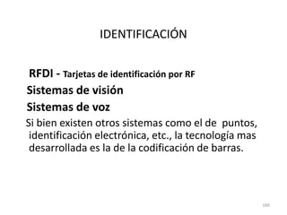 189
IDENTIFICACIÓN
RFDI - Tarjetas de identificación por RF
Sistemas de visión
Sistemas de voz
Si bien existen otros sistemas como el de puntos,
identificación electrónica, etc., la tecnología mas
desarrollada es la de la codificación de barras.
 