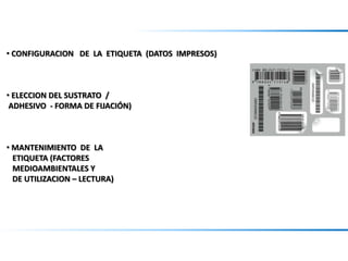 • CONFIGURACION DE LA ETIQUETA (DATOS IMPRESOS)
• ELECCION DEL SUSTRATO /
ADHESIVO - FORMA DE FIJACIÓN)
• MANTENIMIENTO DE LA
ETIQUETA (FACTORES
MEDIOAMBIENTALES Y
DE UTILIZACION – LECTURA)
 