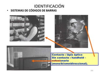 200
IDENTIFICACIÓN
• SISTEMAS DE CÓDIGOS DE BARRAS
Contacto : lápiz óptico
Sin contacto : handheld -
estacionario
(mono/bi/omnidireccional).
 