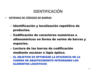 201
IDENTIFICACIÓN
• SISTEMAS DE CÓDIGOS DE BARRAS
– Identificación y localización repetitiva de
productos.
– Codificación de caracteres numéricos o
alfanuméricos en forma de series de barras y
espacios.
– Lectura de las barras de codificación
mediante escáner o lápiz óptico.
– EL OBJETIVO ES OPTIMIZAR LA EFICIENCIA DE LA
CADENA DE ABASTECIMIENTO INTEGRANDO LOS
ELEMENTOS LOGÍSTICOS
 