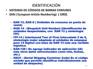 206
IDENTIFICACIÓN
• SISTEMAS DE CÓDIGOS DE BARRAS COMUNES
• EAN ( European Article Numbering) ( 1992)
– EAN 13, EAN 8 ( Unidades de consumo en punto de
venta)
– DUN 14 - (Despatch Unit Number) (Identificación de
unidades despachadas, con EAN 13 y simbología
ITF)
– ITF-14 ( Interleaved Two of Five) Intercalado 2 de 5,
simbología mejor adaptada al unidades de empaque
para 14 dígitos con base de EAN 13 más una variable
logística.
– EAN-128 ( Se agrega Indicador de aplicación (IA)
más otros datos estructurados como lote, fechas,
etc.)
– SSCC - (Serial Shipping Conteiner Code) Es el código
seriado que permite identificar individualmente una
unidad de despacho)
 