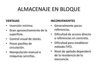 ALMACENAJE EN BLOQUE
VENTAJAS
• Inversión mínima.
• Gran aprovechamiento de la
superficie.
• Control visual de stocks.
• Pocos pasillos de
circulación.
• Manipulación manual o
máquinas sencillas.
INCONVENIENTES
• Generalmente pocas
referencias.
• Dificultad de acceso directo
a referencias en concreto.
• Dificultad para establecer
método FIFO.
• Nivel de apilado dependerá
de la resistencia de la
mercancía.
 