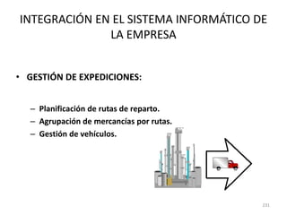 231
INTEGRACIÓN EN EL SISTEMA INFORMÁTICO DE
LA EMPRESA
• GESTIÓN DE EXPEDICIONES:
– Planificación de rutas de reparto.
– Agrupación de mercancías por rutas.
– Gestión de vehículos.
 