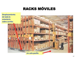 42
RACKS MÓVILES
Desplazamiento
de toda la
estantería
sobre carriles
Un solo pasillo
 