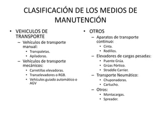 CLASIFICACIÓN DE LOS MEDIOS DE
MANUTENCIÓN
• VEHICULOS DE
TRANSPORTE
– Vehículos de transporte
manual:
• Transpaletas.
• Apiladoras.
– Vehículos de transporte
mecánicos:
• Carretillas elevadoras.
• Transelevadores o RGB.
• Vehículos guiado automático o
AGV
• OTROS
– Aparatos de transporte
continuo:
• Cinta.
• Rodillos.
– Elevadores de cargas pesadas:
• Puente Grúa.
• Grúas Pórtico.
• Straddle Carrier.
– Transporte Neumático:
• Chuponadoras.
• Cartucho.
– Otros:
• Montacargas.
• Spreader.
 