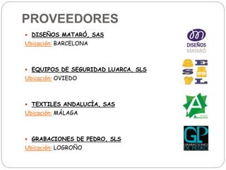 PROVEEDORES
 DISEÑOS MATARÓ, SAS
Ubicación: BARCELONA
 EQUIPOS DE SEGURIDAD LUARCA, SLS
Ubicación: OVIEDO
 TEXTILES ANDALUCÍA, SAS
Ubicación: MÁLAGA
 GRABACIONES DE PEDRO, SLS
Ubicación: LOGROÑO
 