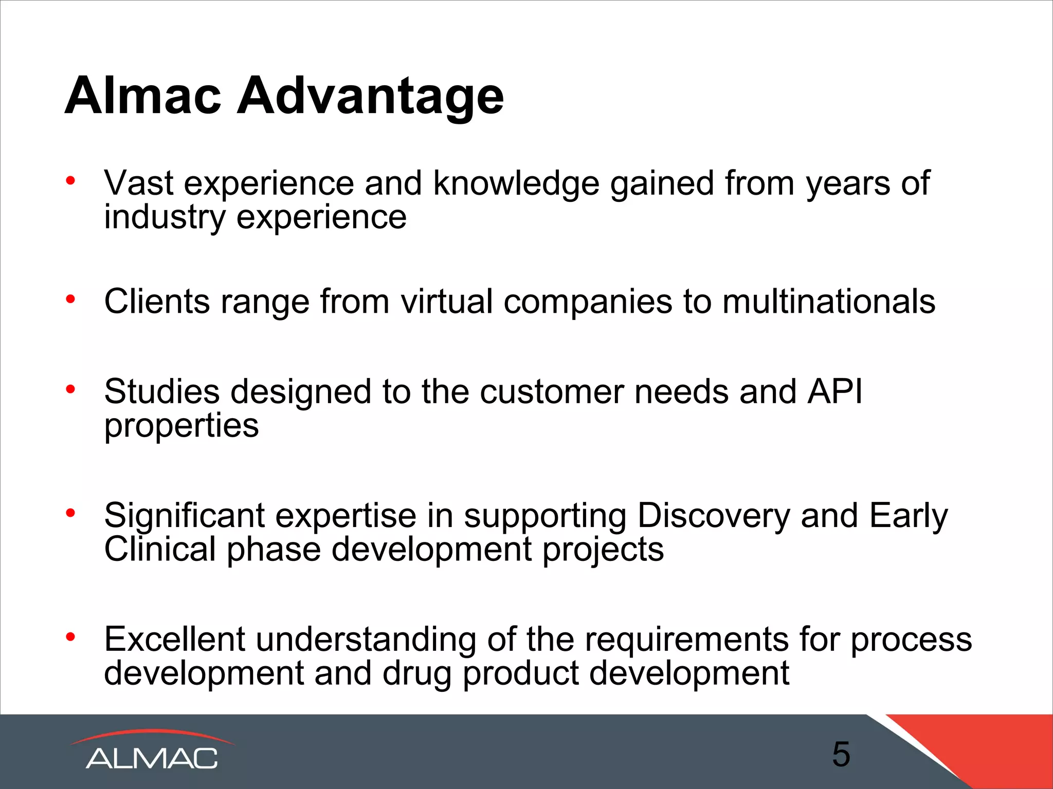 Adding value

  Range of expert services – Analytical,
     biologics, pre-formulation, and
               formulation.

        Faster and smarter solutions
       Efficient development timelines
       Producing enhanced products



                                         5
 