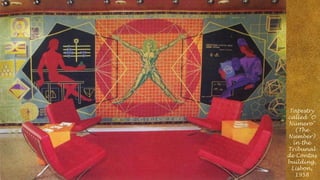 Tapestry
called "O
Número"
(The
Number)
in the
Tribunal
de Contas
building,
Lisbon,
1958

 