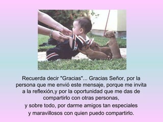 Recuerda decir "Gracias"... Gracias Señor, por la persona que me envió este mensaje, porque me invita a la reflexión,y por la oportunidad que me das de compartirlo con otras personas, y sobre todo, por darme amigos tan especiales y maravillosos con quien puedo compartirlo.  