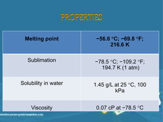 Melting point −56.6 °C; −69.8 °F;
216.6 K
Sublimation −78.5 °C; −109.2 °F;
194.7 K (1 atm)
Solubility in water 1.45 g/L at 25 °C, 100
kPa
Viscosity 0.07 cP at −78.5 °C
 