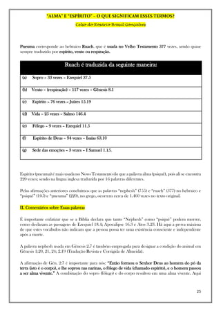 “ALMA” E “ESPÍRITO” – O QUE SIGNIFICAM ESSES TERMOS?
Celso do Rosário Brasil Gonçalves
25
Pneuma corresponde ao hebraico Ruach, que é usada no Velho Testamento 377 vezes, sendo quase
sempre traduzido por espírito, vento ou respiração.
Ruach é traduzida da seguinte maneira:
(a) Sopro – 33 vezes – Ezequiel 37.5
(b) Vento – (respiração) – 117 vezes – Gênesis 8.1
(c) Espírito – 76 vezes – Juízes 15.19
(d) Vida – 25 vezes – Salmo 146.4
(e) Fôlego – 9 vezes – Ezequiel 11.5
(f) Espírito de Deus – 94 vezes – Isaías 63.10
(g) Sede das emoções – 3 vezes – I Samuel 1.15.
Espírito (pneuma) é mais usada no Novo Testamento do que a palavra alma (psiquê), pois ali se encontra
220 vezes; sendo na língua inglesa traduzida por 16 palavras diferentes.
Pelas afirmações anteriores concluímos que as palavras “nephesh” (755) e “ruach” (377) no hebraico e
“psiquê” (105) e “pneuma” (220), no grego, ocorrem cerca de 1.460 vezes no texto original.
II. Comentários sobre Essas palavras
É importante enfatizar que se a Bíblia declara que tanto “Nephesh” como “psiquê” podem morrer,
como declaram as passagens de Ezequiel 18.4; Apocalipse 16.3 e Atos 3.23. Há aqui a prova máxima
de que estes vocábulos não indicam que a pessoa possa ter uma existência consciente e independente
após a morte.
A palavra nephesh usada em Gênesis 2.7 é também empregada para designar a condição do animal em
Gênesis 1:20, 21, 24; 2.19 (Tradução Revista e Corrigida de Almeida).
A afirmação de Gên. 2:7 é importante para nós: “Então formou o Senhor Deus ao homem do pó da
terra (isto é o corpo), e lhe soprou nas narinas, o fôlego de vida (chamado espírito), e o homem passou
a ser alma vivente.” A combinação do sopro (fôlego) e do corpo resultou em uma alma vivente. Aqui
 