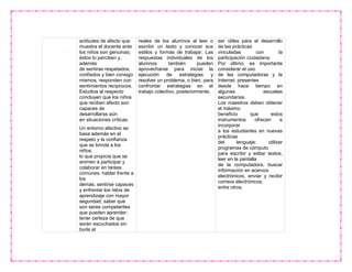 actitudes de afecto que
muestra el docente ante
los niños son genuinas;
éstos lo perciben y,
además
de sentirse respetados,
confiados y bien consigo
mismos, responden con
sentimientos recíprocos.
Estudios al respecto
concluyen que los niños
que reciben afecto son
capaces de
desarrollarse aún
en situaciones críticas.
Un entorno afectivo se
basa además en el
respeto y la confianza
que se brinda a los
niños,
lo que propicia que se
animen a participar y
colaborar en tareas
comunes: hablar frente a
los
demás; sentirse capaces
y enfrentar los retos de
aprendizaje con mayor
seguridad; saber que
son seres competentes
que pueden aprender;
tener certeza de que
serán escuchados sin
burla al
reales de los alumnos al leer o
escribir un texto y conocer sus
estilos y formas de trabajar. Las
respuestas individuales de los
alumnos también pueden
aprovecharse para iniciar la
ejecución de estrategias y
resolver un problema, o bien, para
confrontar estrategias en el
trabajo colectivo, posteriormente.
ser útiles para el desarrollo
de las prácticas
vinculadas con la
participación ciudadana.
Por último, es importante
considerar el uso
de las computadoras y la
Internet, presentes
desde hace tiempo en
algunas escuelas
secundarias.
Los maestros deben obtener
el máximo
beneficio que estos
instrumentos ofrecen e
incorporar
a los estudiantes en nuevas
prácticas
del lenguaje: utilizar
programas de cómputo
para escribir y editar textos,
leer en la pantalla
de la computadora, buscar
información en acervos
electrónicos, enviar y recibir
correos electrónicos,
entre otros.
 