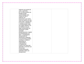 externar sus puntos de
vista y opiniones.
En un clima propicio es
factible brindar
oportunidades para
motivar al niño a
externar sus
emociones: qué siente,
cómo se siente, por qué,
entre otras, mismas que
lo apoyan a identificar
y comprenderse mejor
en el plano afectivo. En
la medida en la que
logre comprender sus
emociones, podrá
aprender
paulatinamente a regular
sus sentimientos, es
decir, a desplegarlos
eficazmente en
situaciones cotidianas.
Las emociones pueden
contribuir o inhibir el
desarrollo de
capacidades y
competencias:
cuando “los niños que
aprenden a dominar sus
emociones
constructivamente
enfrentan mejor sus
decepciones,
 