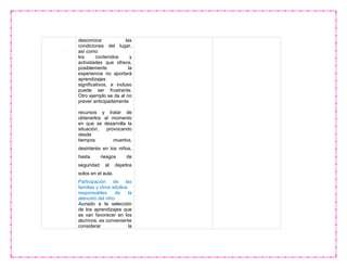 desconoce las
condiciones del lugar,
así como
los contenidos y
actividades que ofrece,
posiblemente la
experiencia no aportará
aprendizajes
significativos, e incluso
puede ser frustrante.
Otro ejemplo se da al no
prever anticipadamente
recursos y tratar de
obtenerlos al momento
en que se desarrolla la
situación, provocando
desde
tiempos muertos,
desinterés en los niños,
hasta riesgos de
seguridad al dejarlos
solos en el aula.
Participación de las
familias y otros adultos
responsables de la
atención del niño
Aunado a la selección
de los aprendizajes que
se van favorecer en los
alumnos, es conveniente
considerar la
 