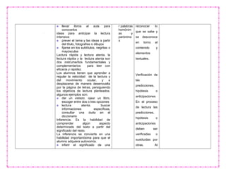 llevar libros al aula para
conocerlos
ideas para anticipar la lectura
intensiva:
prever el tema y las ideas a partir
del título, fotografías o dibujos
fijarse en los subtítulos, negritas o
mayúsculas
Lectura rápida y lectura atenta. la
lectura rápida y la lectura atenta son
dos instrumentos fundamentales y
complementarios para leer con
eficacia y rapidez.
Los alumnos tienen que aprender a
regular la velocidad de la lectura y
del movimiento ocular, y a
desplazarse de manera desenvuelta
por la página de letras, persiguiendo
los objetivos de lectura planteados.
algunos ejemplos son:
dar un vistazo. ojear un libro,
escoger entre dos o tres opciones
lectura atenta. buscar
informaciones específicas,
consultar una duda en el
diccionario
Inferencia. Es la habilidad de
comprender algún aspecto
determinado del texto a partir del
significado del resto.
La inferencia se convierte en una
habilidad importantísima para que el
alumno adquiera autonomía.
inferir el significado de una
r palabras
homónim
as y
parónima
s
reconocer lo
que se sabe y
se desconoce
en torno al
contenido y
elementos
textuales.
Verificación de
las
predicciones,
hipótesis o
anticipaciones
En el proceso
de lectura las
predicciones,
hipótesis o
anticipaciones
deben ser
verificadas o
sustituidas por
otras. Al
 