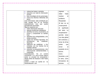 ordena las frases o párrafos
esquema con toda la información
el texto
lista cronológica de los personajes
marca los diversos referentes del
léxico
Leer entre líneas. está constituido por
todo aquello que no se formula
explícitamente, sino que queda
parcialmente escondido.
Algunos aspectos son:
inferir información del autor
detectar tendencias ideológicas
identificar la ironía, el sarcasmo, el
humor y comprender su sentido
final
identificar las ambigüedades y los
dobles sentidos
captar los sentidos figurados, los
simbolismos, las metáforas,
alegorías
relacionar las metáforas y los
símbolos con los hechos de la
realidad cultural
entender la presuposiciones y las
informaciones sobreentendidas o
implicadas.
Autoevaluación. Es el control
consciente o no, que el lector ejerce
sobre su proceso de composición,
desde antes de empezar a leer hasta
acabar.
puntos a tener en cuenta en la
autoevaluación son:
regresar y
releer hasta
resolver el
problema.
Recapitular
Al leer se va
construyendo
el significado
del texto. La
recapitulación
permite tener
una idea global
del contenido y
tomar de él las
partes que
sirvan al
propósito de la
lectura.
Como
docentes y, por
lo tanto, como
formadores de
lectores y
 