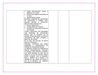 añadir informaciones, frases o
palabras de un texto.
eliminar las palabras sobrantes de
un texto.
separar frases unidas.
El alumno desarrolla las capacidades
de observación y análisis, pero
aprende también a discriminar,
algunas ideas prácticas son:
buscar repeticiones.
manejar libros de consulta.
compara el mismo texto escrito en
dos lenguas.
Títulos y resúmenes. Son actividades
más habituales de comprensión
lectora que se practican en la
escuela. Ambas requieren una lectura
comprensiva del texto completo y
algún tipo de síntesis.
En el caso del resumen, la lectura
debe ser minuciosa.
Literatura. Constituye una fuente
inagotable e importantísima de
material de comprensión lectora.
La didáctica moderna ha redefinido la
relación lengua-literatura, buscando
un enfoque, más profundo y rentable.
Las obras literarias no solo son el
espejo en el que los alumnos deben
buscar modelos, sino la expresión
ética y estética de la historia y la
realidad de una cultura. El acceso y
uso de la literatura, son objetivos
terminales de la educación.
 
