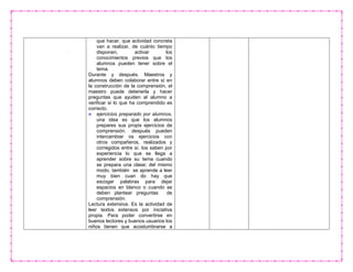 que hacer, que actividad concreta
van a realizar, de cuánto tiempo
disponen, activar los
conocimientos previos que los
alumnos pueden tener sobre el
tema.
Durante y después. Maestros y
alumnos deben colaborar entre sí en
la construcción de la comprensión, el
maestro puede detenerla y hacer
preguntas que ayuden al alumno a
verificar si lo que ha comprendido es
correcto.
ejercicios preparado por alumnos.
una idea es que los alumnos
prepares sus propis ejercicios de
comprensión. después pueden
intercambiar os ejercicios con
otros compañeros, realizados y
corregidos entre sí. los saben por
experiencia lo que se llega a
aprender sobre su tema cuando
se prepara una clase; del mismo
modo, también se aprende a leer
muy bien cuan do hay que
escoger palabras para dejar
espacios en blanco o cuando se
deben plantear preguntas de
comprensión.
Lectura extensiva. Es la actividad de
leer textos extensos por iniciativa
propia. Para poder convertirse en
buenos lectores y buenos usuarios los
niños tienen que acostumbrarse a
 
