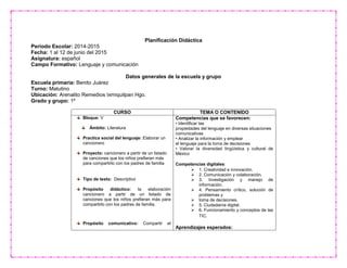 Planificación Didáctica
Periodo Escolar: 2014-2015
Fecha: 1 al 12 de junio del 2015
Asignatura: español
Campo Formativo: Lenguaje y comunicación
Datos generales de la escuela y grupo
Escuela primaria: Benito Juárez
Turno: Matutino
Ubicación: Arenalito Remedios Ixmiquilpan Hgo.
Grado y grupo: 1º
CURSO TEMA O CONTENIDO
Bloque: V
Ámbito: Literatura
Practica social del lenguaje: Elaborar un
cancionero
Proyecto: cancionero a partir de un listado
de canciones que los niños prefieran más
para compartirlo con los padres de familia
Tipo de texto: Descriptivo
Propósito didáctico: la elaboración
cancionero a partir de un listado de
canciones que los niños prefieran más para
compartirlo con los padres de familia.
Propósito comunicativo: Compartir el
Competencias que se favorecen:
• Identificar las
propiedades del lenguaje en diversas situaciones
comunicativas
• Analizar la información y emplear
el lenguaje para la toma de decisiones
• Valorar la diversidad lingüística y cultural de
México
Competencias digitales:
 1. Creatividad e innovación.
 2. Comunicación y colaboración.
 3. Investigación y manejo de
información.
 4. Pensamiento crítico, solución de
problemas y
 toma de decisiones.
 5. Ciudadanía digital.
 6. Funcionamiento y conceptos de las
TIC.
Aprendizajes esperados:
 