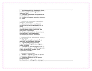 2.3. Recupera información de diferentes fuentes y
las emplea para desarrollar argumentos al
redactar un texto.
2.5. Ordena las oraciones de un texto escrito de
manera coherente.
2.6. Escribe y considera al destinatario al producir
sus textos.
3. Producción de textos orales y participación
en eventos comunicativos
3.1. Comunica sus ideas y escucha a sus
compañeros con atención y respeta turnos al
hablar.
3.2. Expone información de manera oral y
considera la que otros le proporcionan para
enriquecer su conocimiento.
3.3. Comprende la importancia de comunicarse
eficientemente al exponer sus ideas y
argumentos, y al presentar información.
4. Conocimiento de las características, función y
uso del lenguaje
4.1. Utiliza la lectura y la escritura con fines
específicos dentro y fuera de la escuela.
4.2. Conoce y aplica las convenciones
ortográficas al escribir palabras con dígrafos y
sílabas complejas.
4.3. Conoce el uso de las letras mayúsculas al
escribir nombres propios e identifica los párrafos
a partir de marcadores textuales, como
mayúsculas y punto final.
5. Actitudes hacia el lenguaje
5.1. Identifica y comparte su gusto por algunos
temas, autores y géneros literarios.
5.2. Desarrolla disposición por leer, escribir,
hablar o escuchar.
5.3. Desarrolla una actitud positiva para seguir
 