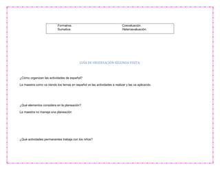 Formativa. Coevaluación.
Sumativa. Heteroevaluación.
GUÍA DE OBSERVACIÓN SEGUNDA VISITA.
¿Cómo organizan las actividades de español?
La maestra como va viendo los temas en español ve las actividades a realizar y las va aplicando.
¿Qué elementos considera en la planeación?
La maestra no maneja una planeación
¿Qué actividades permanentes trabaja con los niños?
 