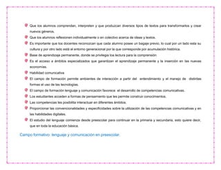 Que los alumnos comprendan, interpreten y que produzcan diversos tipos de textos para transformarlos y crear
nuevos géneros.
Que los alumnos reflexionen individualmente o en colectivo acerca de ideas y textos.
Es importante que los docentes reconozcan que cada alumno posee un bagaje previo, lo cual por un lado esta su
cultura y por otro lado está el entorno generacional por la que corresponde por acumulación histórica.
Base de aprendizaje permanente, donde se privilegia loa lectura para la comprensión
Es el acceso a ámbitos especializados que garantizan el aprendizaje permanente y la inserción en las nuevas
economías.
Habilidad comunicativa
El campo de formación permite ambientes de interacción a partir del entendimiento y el manejo de distintas
formas el uso de las tecnologías.
El campo de formación lenguaje y comunicación favorece el desarrollo de competencias comunicativas.
Los estudiantes acceden a formas de pensamiento que les permite construir conocimientos.
Las competencias les posibilita interactuar en diferentes ámbitos.
Proporcionar las convencionalidades y especificidades sobre la utilización de las competencias comunicativas y en
las habilidades digitales.
El estudio del lenguaje comienza desde preescolar para continuar en la primaria y secundaria, esto quiere decir,
que en toda la educación básica.
Campo formativo: lenguaje y comunicación en preescolar.
 